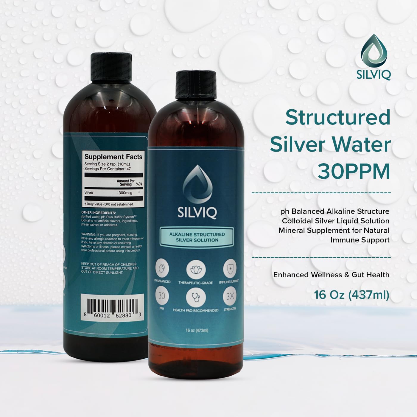 SILVIQ Structured Silver Water 30ppm – Immune Support, Alkaline Silver Liquid 16 oz (437 ml)
