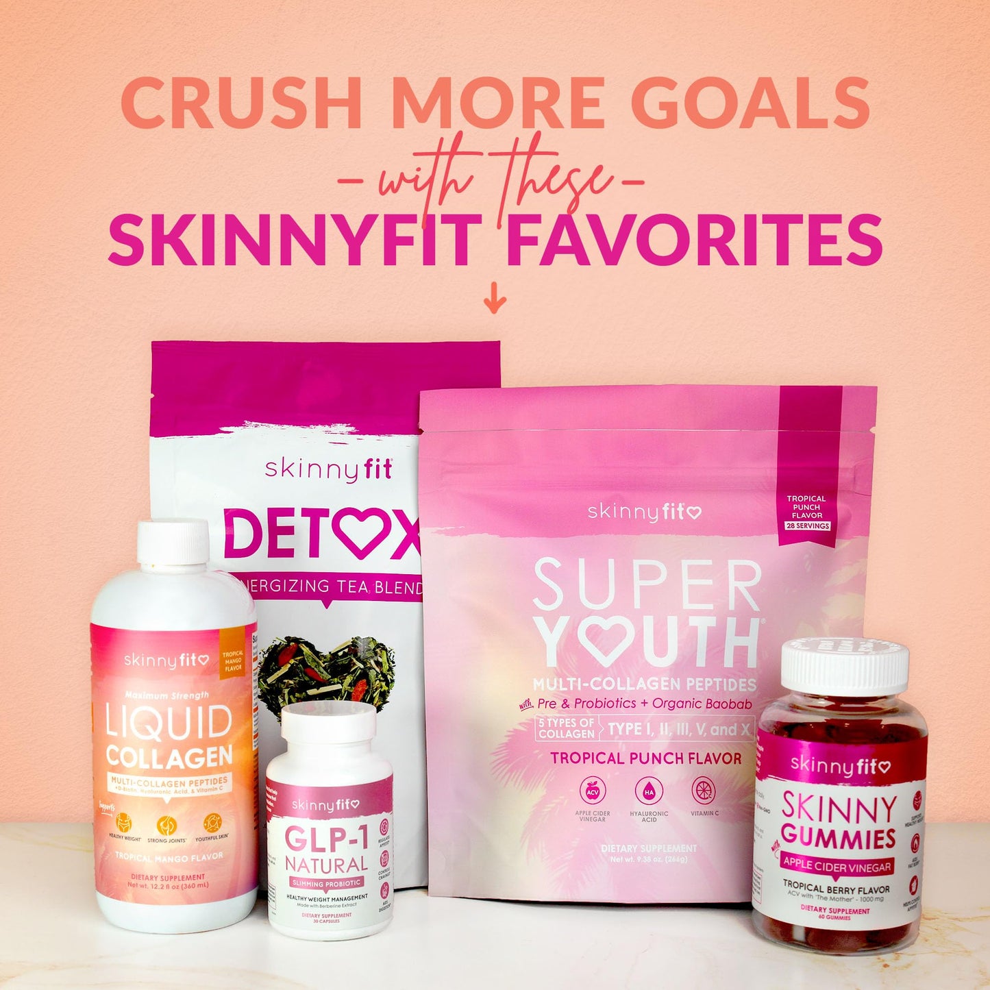 SkinnyFit Super Youth Collagen for Women - Multi-Collagen Peptides Powder with Probiotics, Fiber & Hyaluronic Acid | Orange Pineapple, 28 Servings