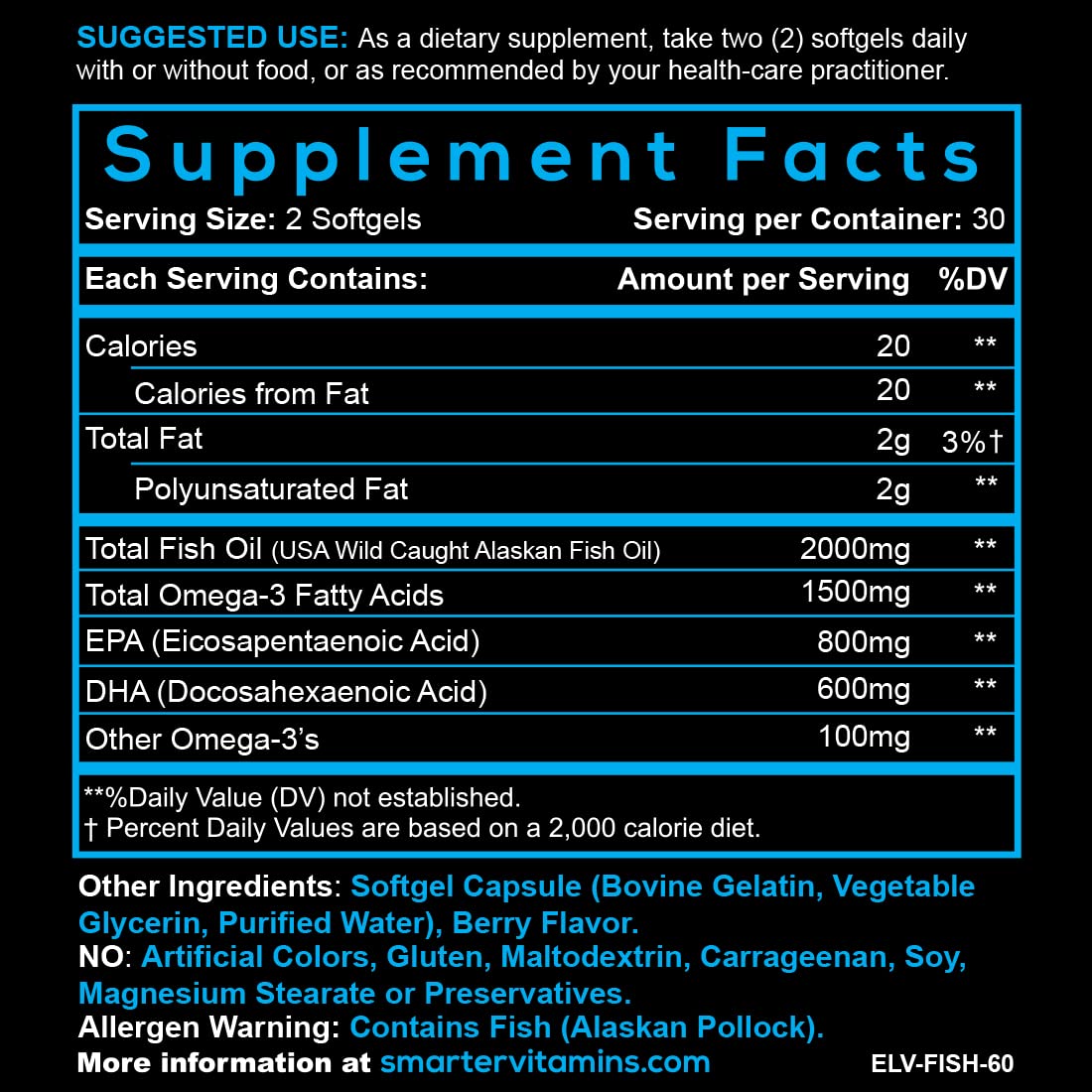 SmarterVitamins Omega-3 3-Pack: Berry Flavor Burpless Softgels, 2000mg DHA EPA (AlaskOmega)