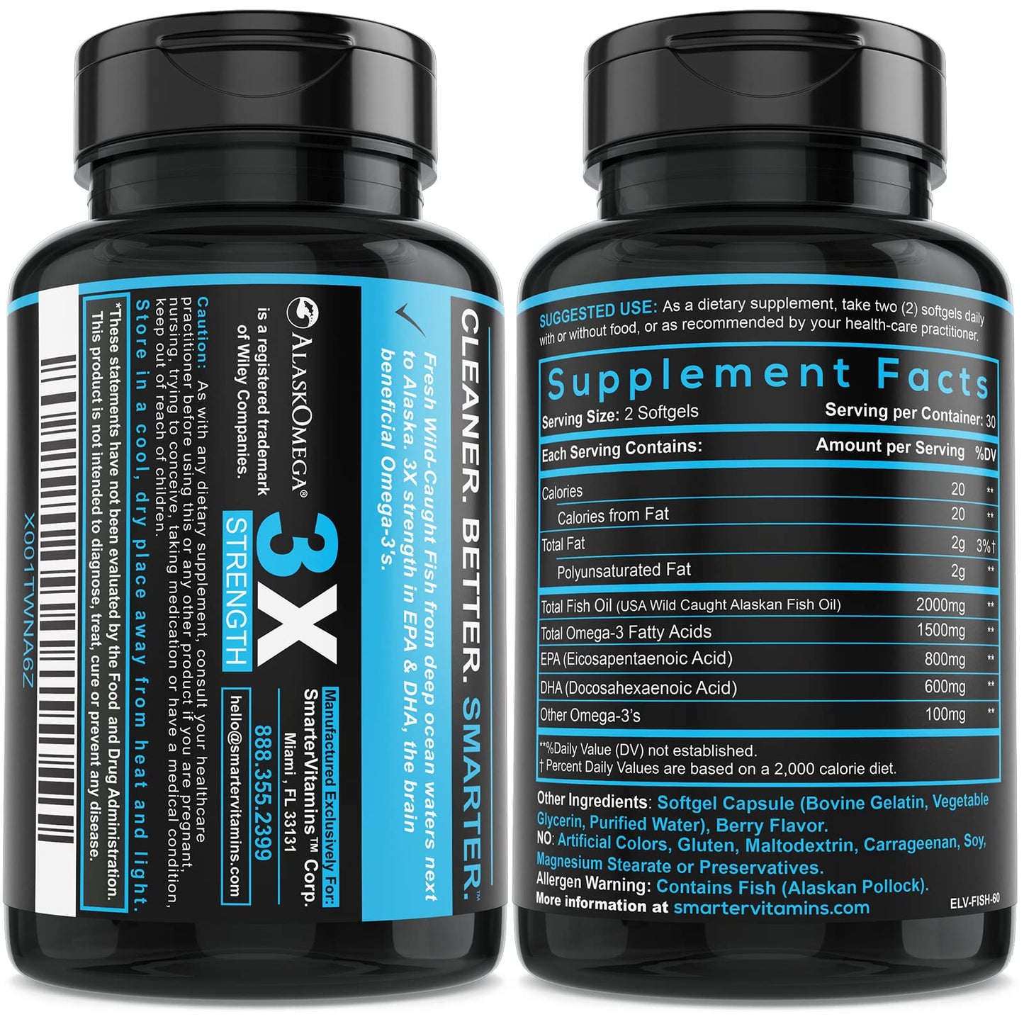 SmarterVitamins Omega-3 5-Pack – Berry Burpless Fish Oil, 2000mg DHA EPA, AlaskOmega