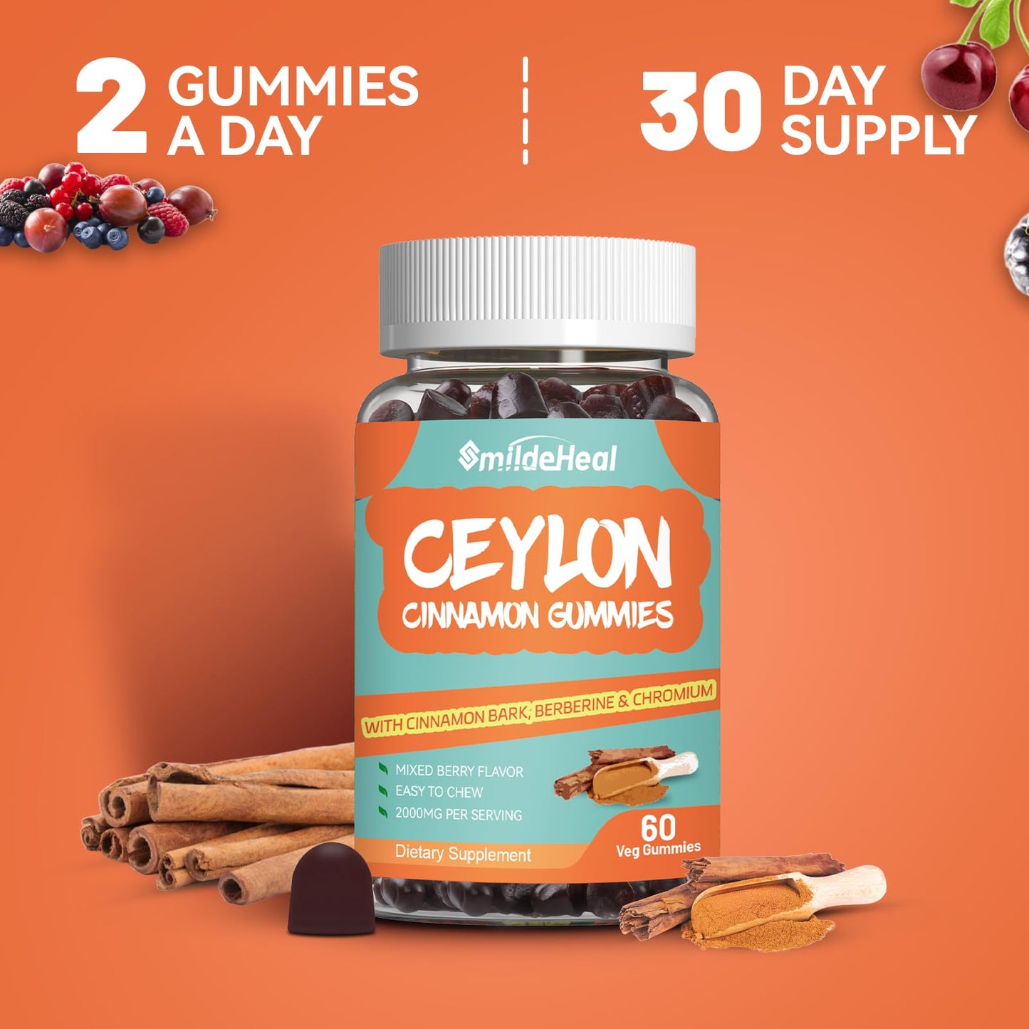 SmildeHeal Sugar Free Ceylon Cinnamon Gummies 2000MG – Vegan, Non-GMO, 60 Gummies
