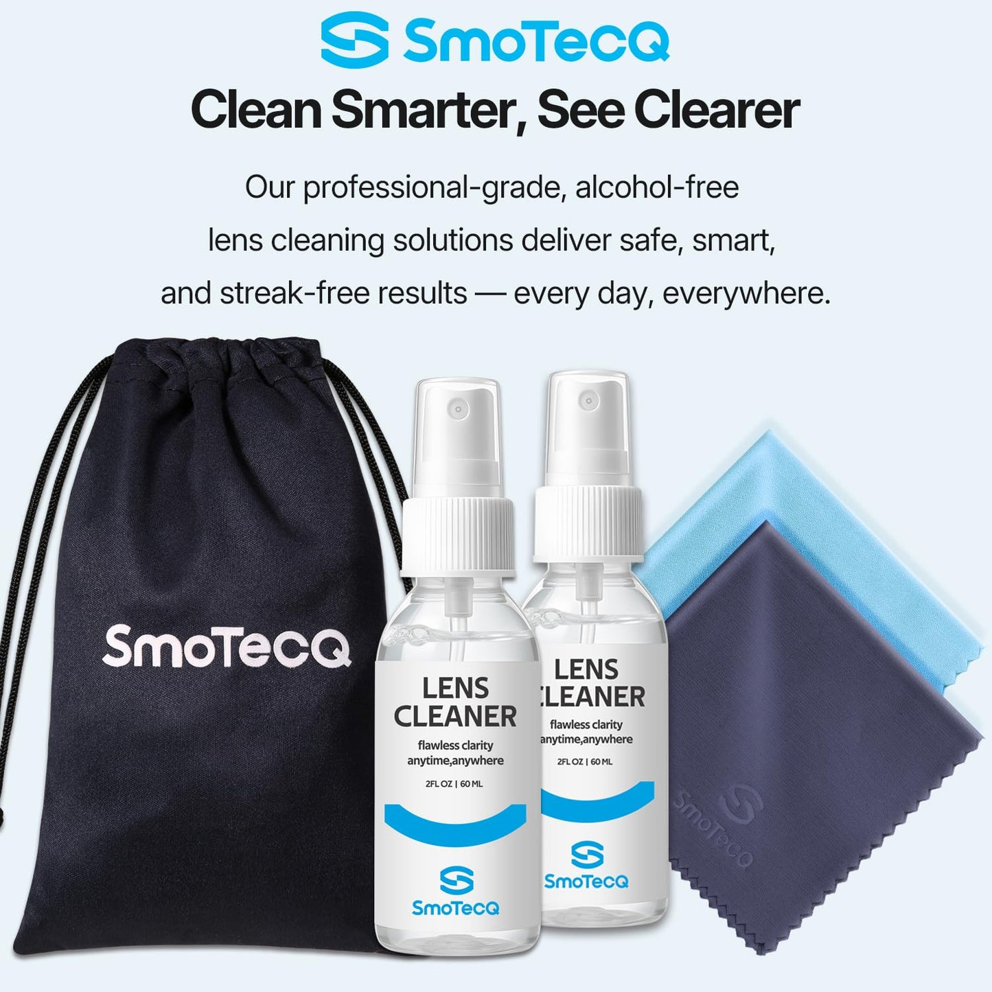 SmoTecQ Glasses Cleaner Kit – Alcohol-Free Spray & Microfiber Cloths