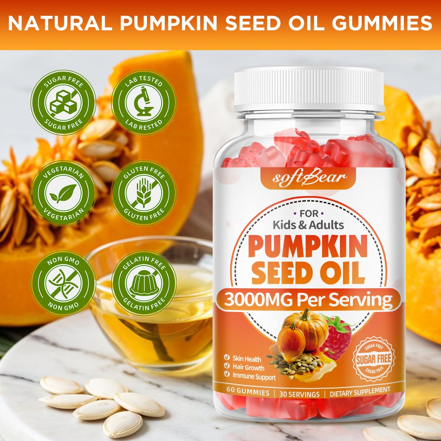 SoftBear Pumpkin Seed Oil Gummies 3000mg – Organic Pumpkin Seed Oil with Saw Palmetto for Hair Growth & Skin Health (60 Count) – Sugar-Free BritishVita | Premium UK Vitamins & Wellness Supplements