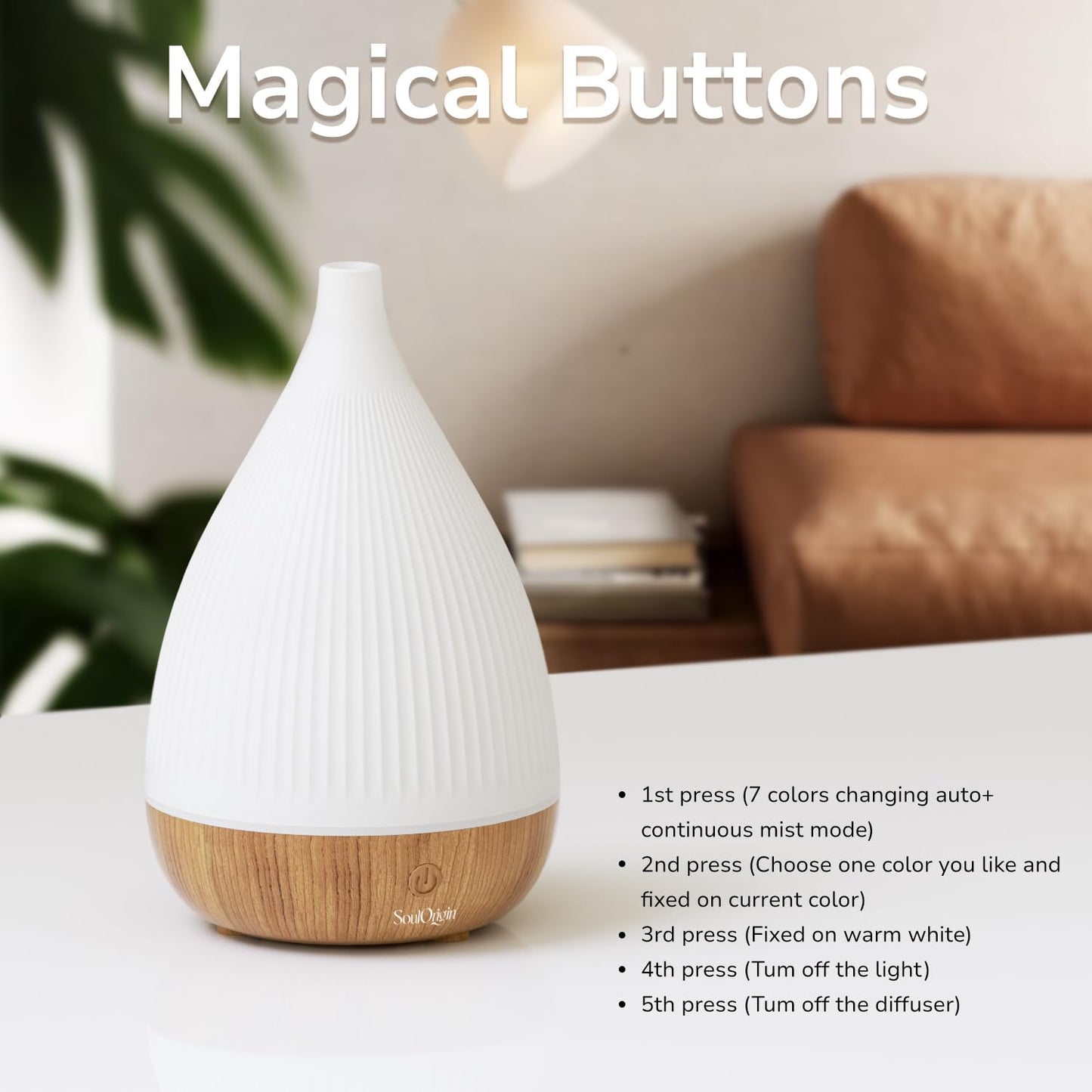 SOULORIGIN Ultrasonic Essential Oil Diffuser – Auto Shut-Off, 8-Color Night Light, BPA-Free