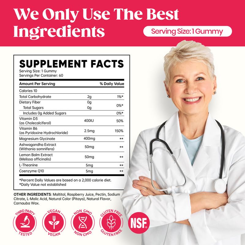 60 Day Supply Magnesium Glycinate Gummies 400mg with Ashwagandha, L-Theanine, CoQ10, Vitamin D3 & B6 – Sugar Free, Vegan & Gluten Free