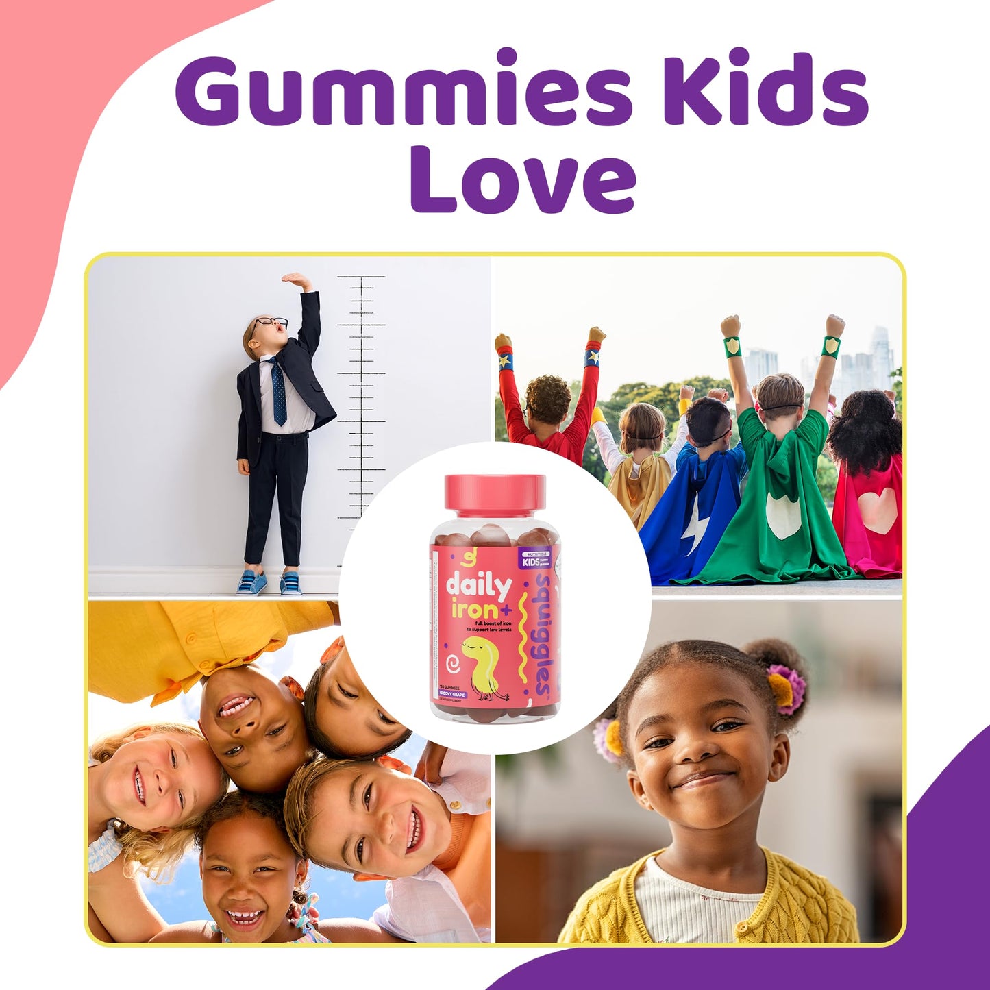 Squiggles Kids Daily Iron+ Gummies — Iron + Multivitamin for Children, Low Sugar, Vegan