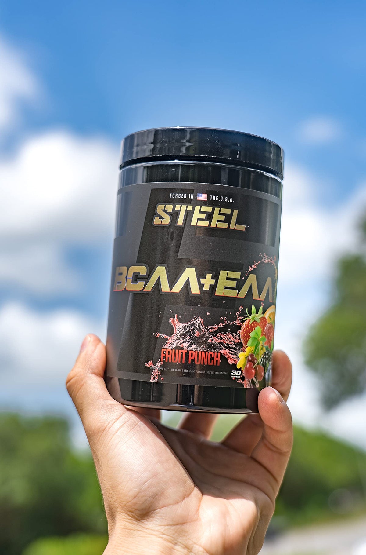 Steel Supplements | High Performance BCAA EAA Powder | Promotes Lean Muscle Growth and Workout Endurance | 2:1:1 Ratio to Recover Muscle Faster 30 Servings. (Fruit Punch) BritishVita | Premium UK Vitamins & Wellness Supplements