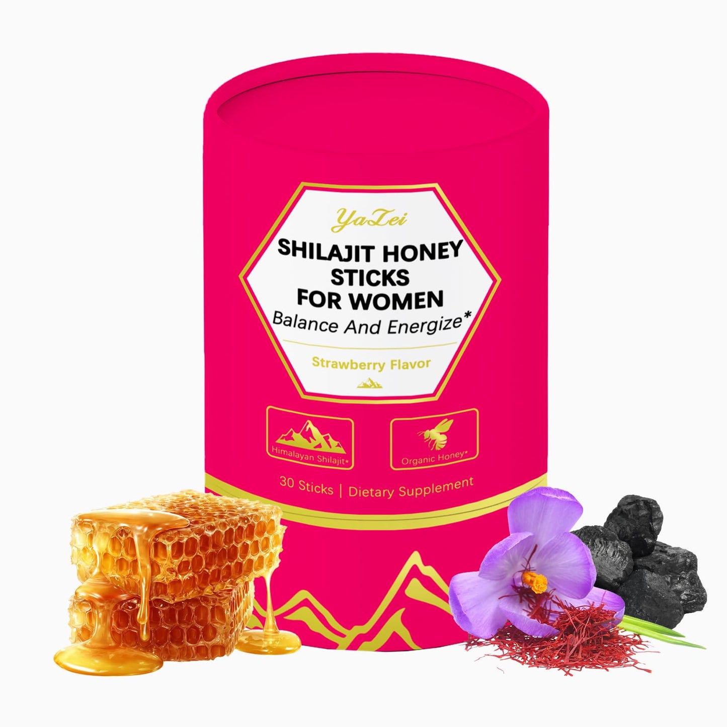 Strawberry Shilajit Honey Sticks for Women – Saffron, Shatavari Extract & Shilajit Resin, 30 Sticks, Energy & Hormone Balance
