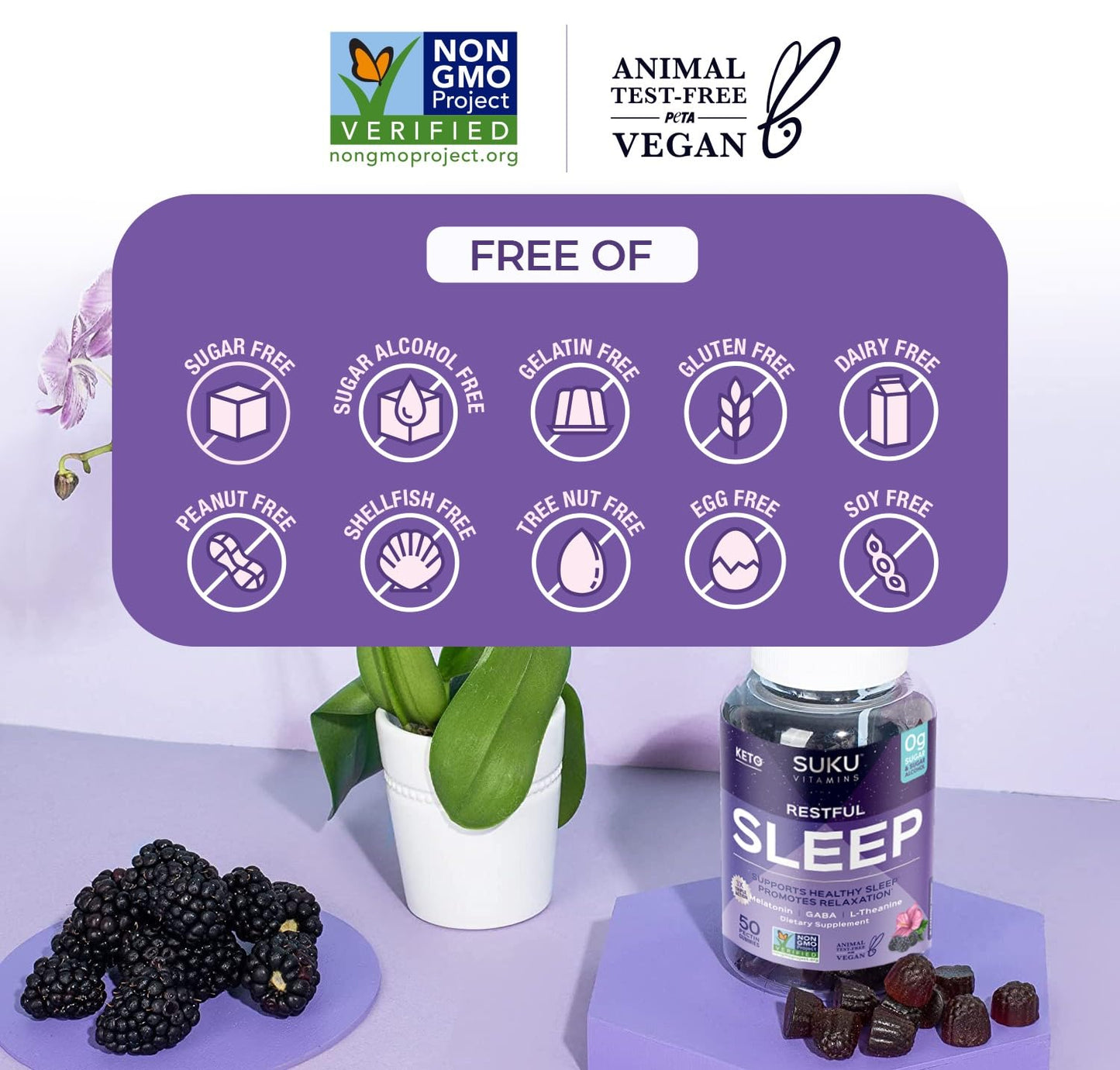 SUKU Restful Sleep Gummies – 3 mg Melatonin, L-Theanine & GABA | Vegan, Sugar-Free Sleep Support – BlackBerry-Hibiscus Flavor, Non-GMO, Gluten-Free – 50 Count
