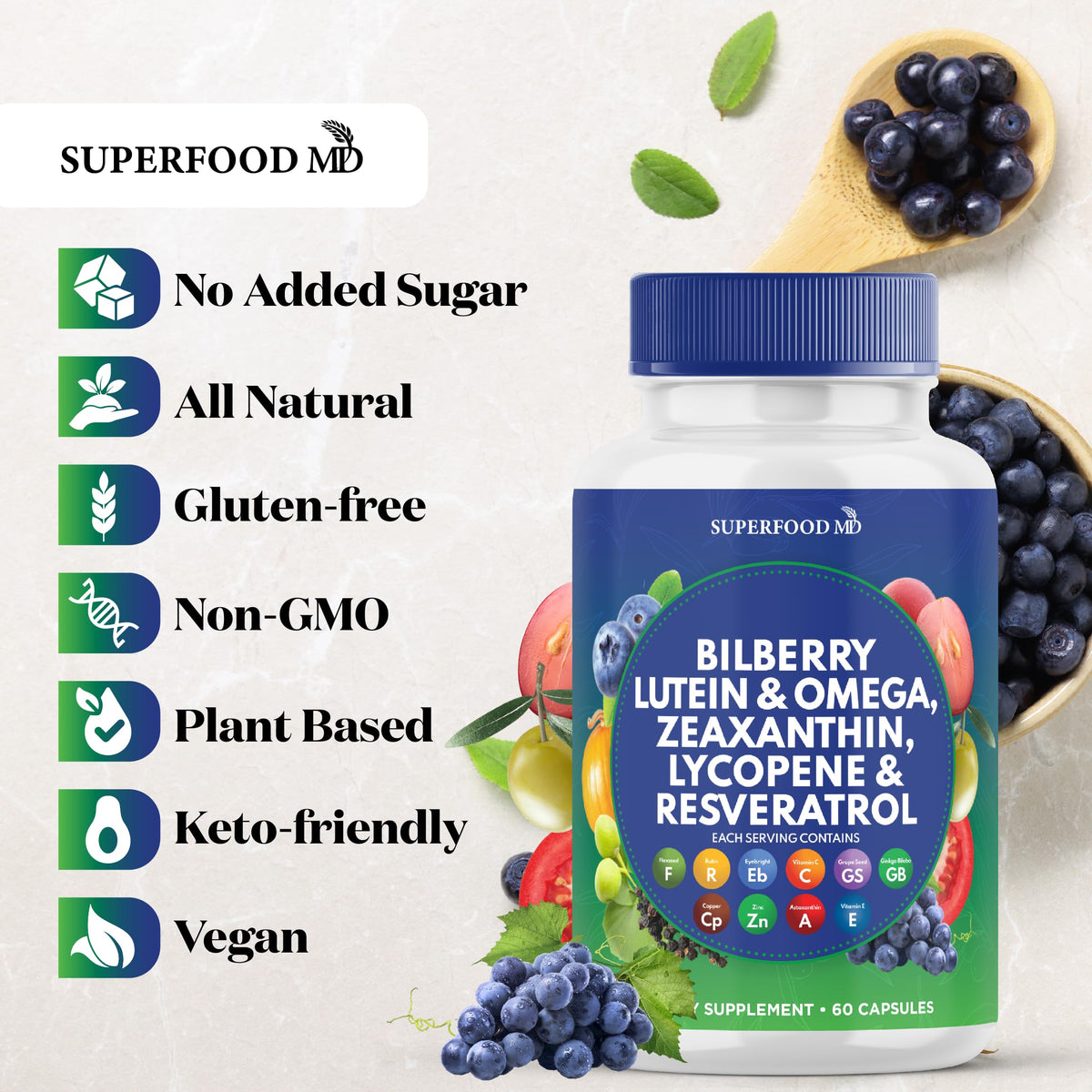 Superfood MD Eye Health Vitamins AREDS2 Bilberry Lutein Zeaxanthin - 180 Capsules BritishVita | Premium UK Vitamins & Wellness Supplements