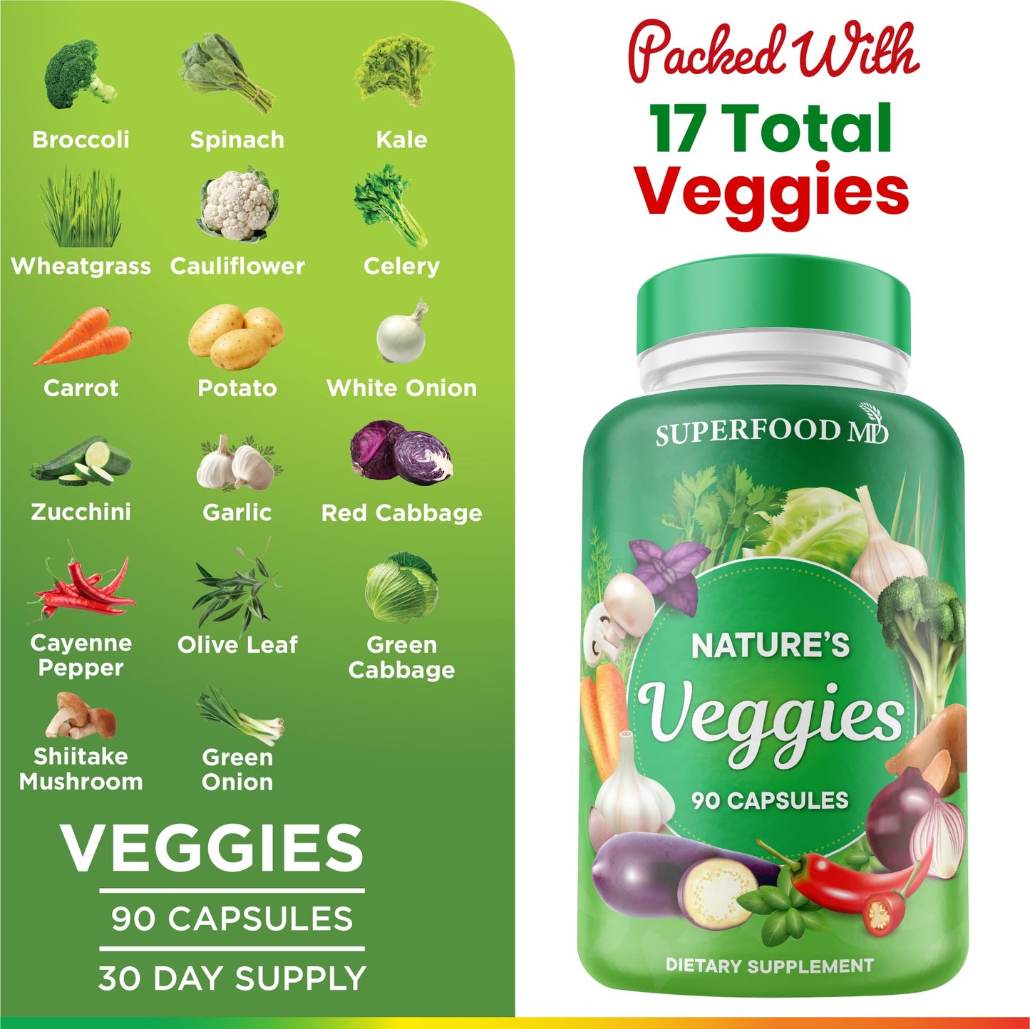 Superfood MD Veggies Supplement - 90 Veggie Capsules | Energy & Antioxidants | Soy Free
