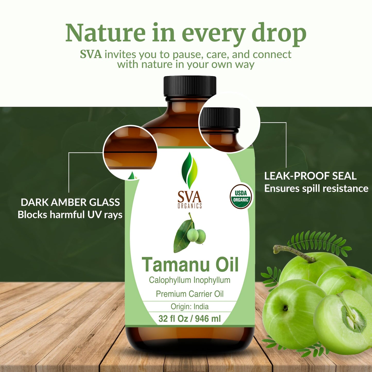 SVA Tamanu Seed Oil Organic - 32oz Cold-Pressed Carrier Oil