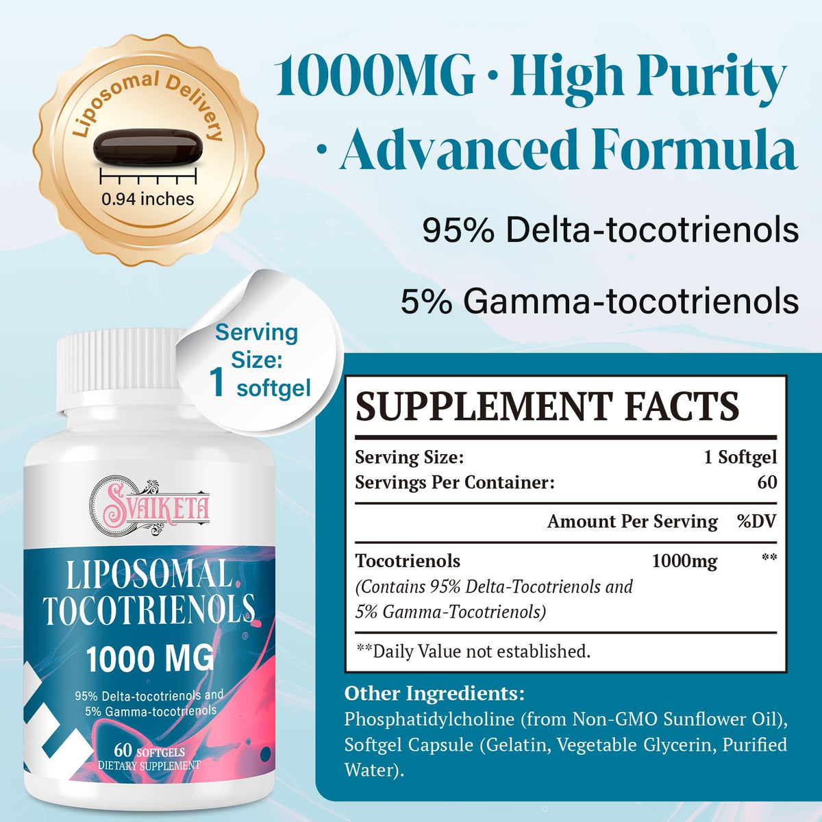 Sveikata Liposomal Tocotrienols 1000mg – High Absorption Vitamin E Tocotrienols (95% Delta-Tocotrienol, 5% Gamma-Tocotrienol) – 60 Softgels BritishVita | Premium UK Vitamins & Wellness Supplements