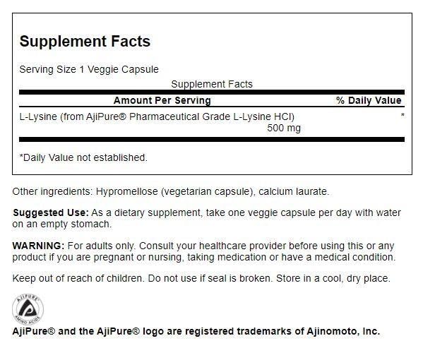 Swanson Ajipure L-Lysine 500mg – Pharmaceutical Grade, 90 Veg Capsules