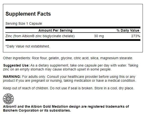 Swanson Albion Chelated Zinc Glycinate 30 Milligrams 90 Capsules