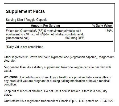 Swanson Folate (5-Methyltetrahydrofolic Acid) 400 mcg - 30 Veg Capsules