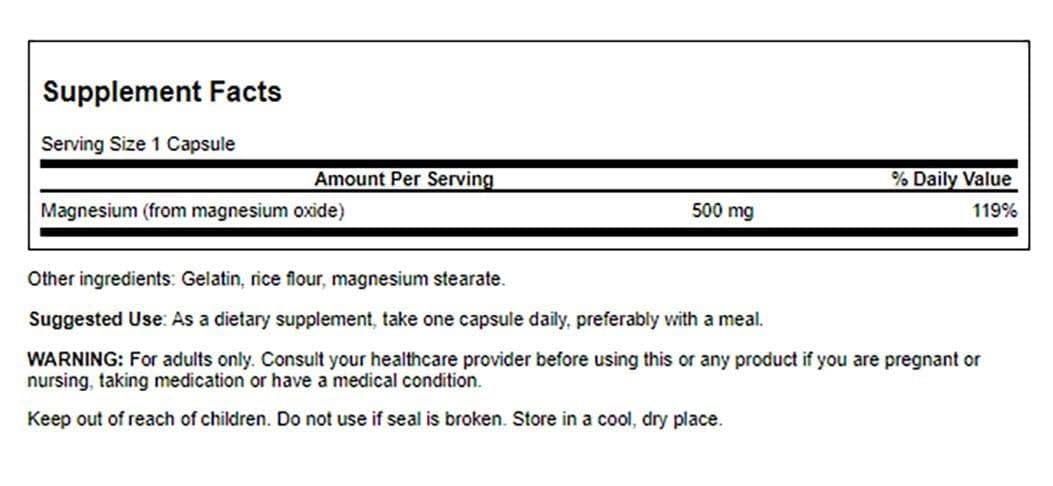 Swanson Magnesium Oxide 500 mg 100 Caps – Supports Muscles, Bones & Health
