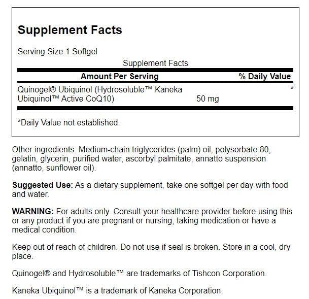 Swanson Quinogel (Hydrosoluble Ubiquinol CoQ10) 50 Milligrams 30 Sgels