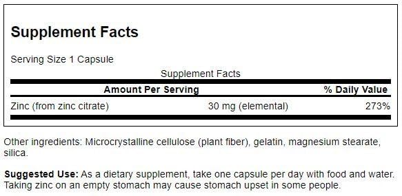 Swanson Zinc (Citrate) 30 Milligrams - 60 Capsules | Immune Support & Vision