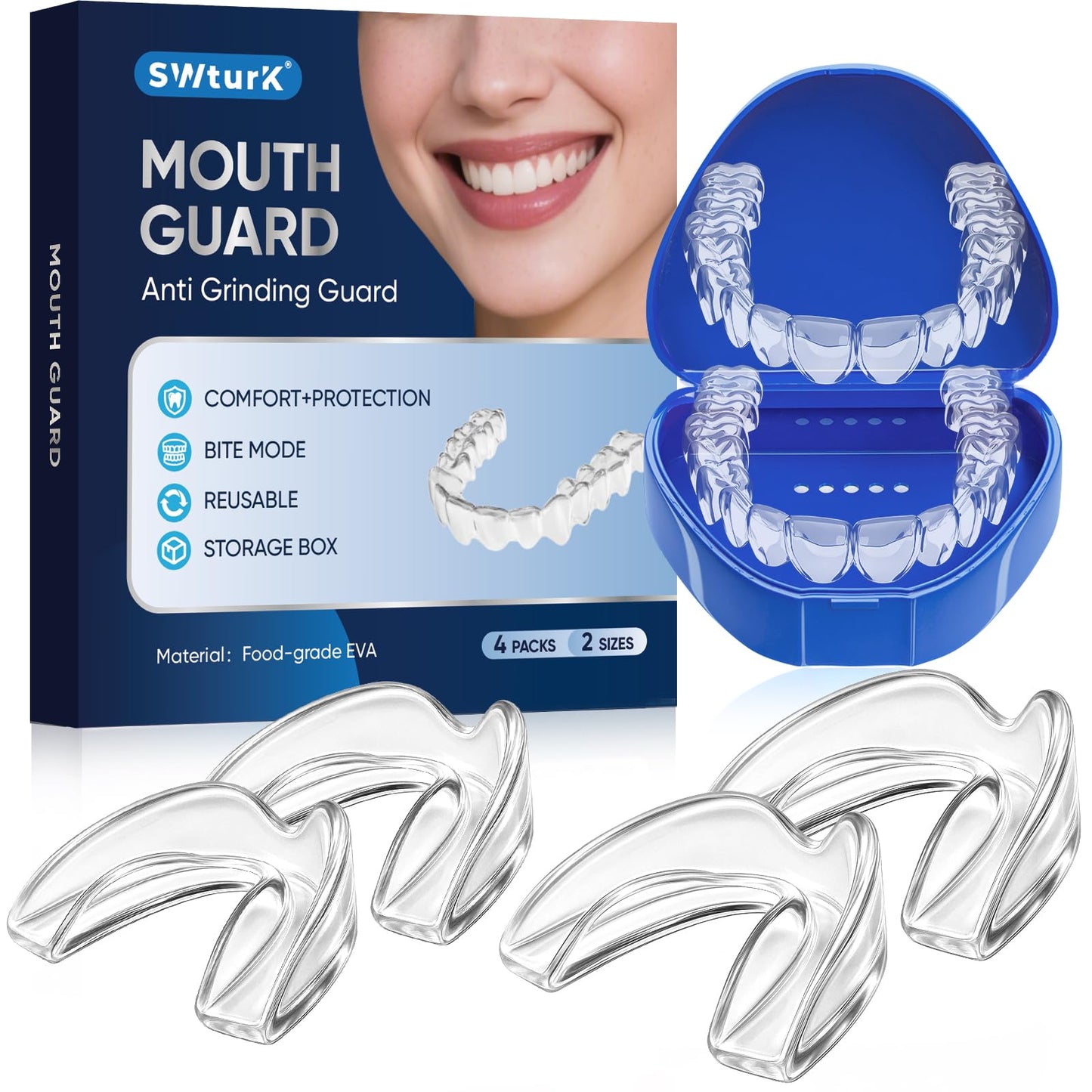 SWturK Mouth Guard for Clenching Teeth at Night – Comfortable & Reusable Teeth Grinding Mouthguards (Includes 4pcs & Travel Case)