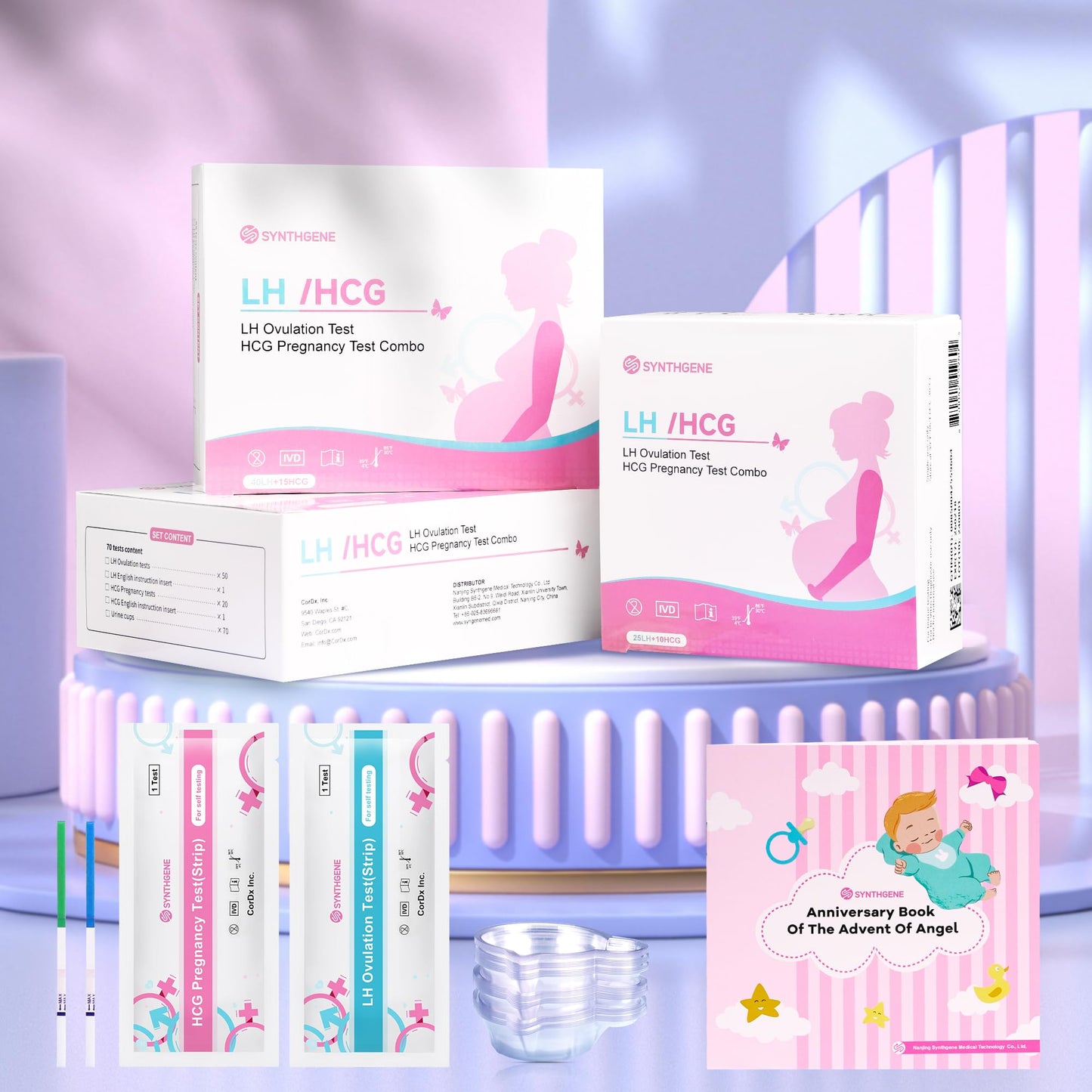 SYNTHGENE Ovulation Test Strips - LH 40, HCG 15 | 40 Ovulation Tests, 15 Pregnancy Tests, 55 Urine Cups