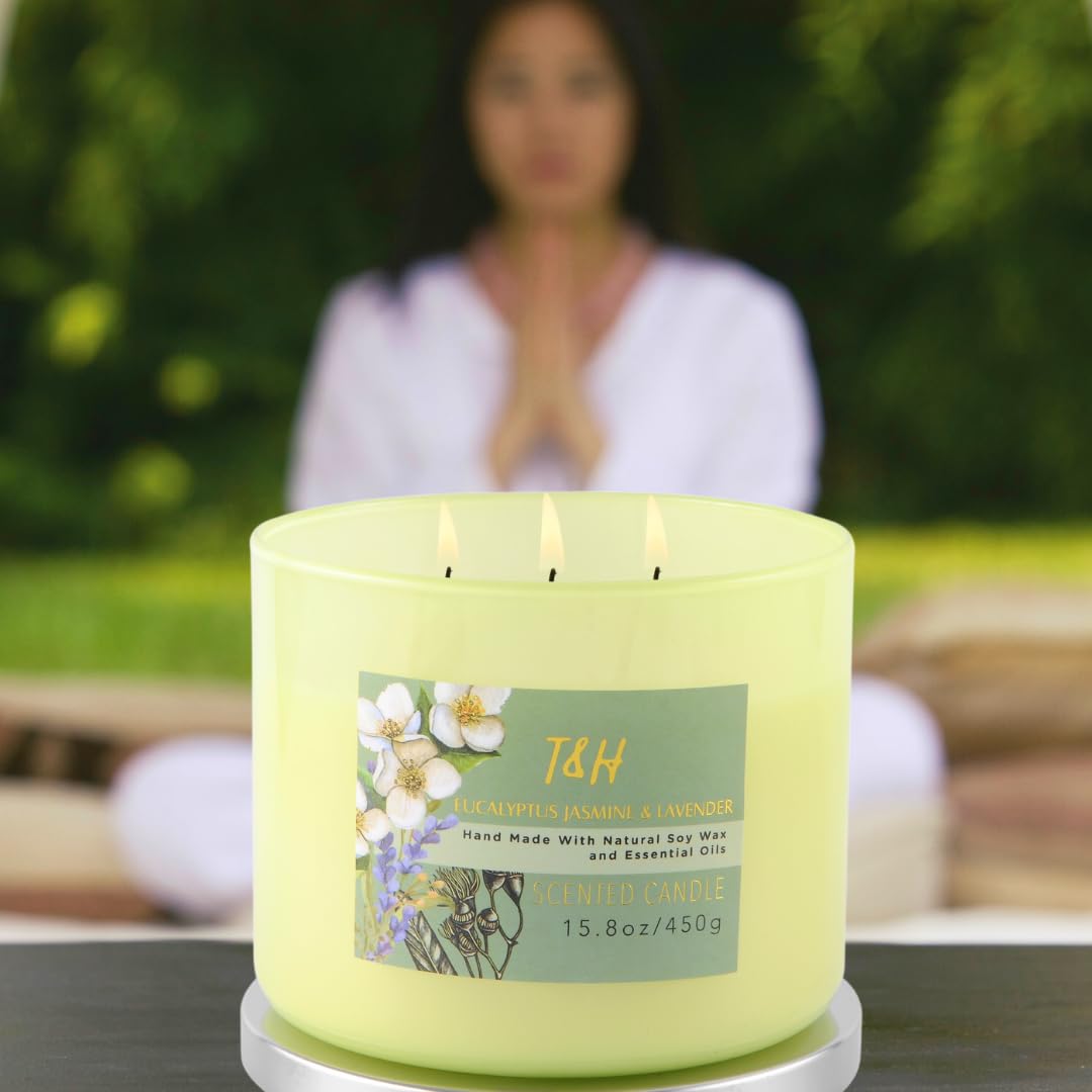 T&H Eucalyptus Jasmine Lavender 3-Wick Soy Candle 15.8 oz | Long-Lasting Clean Burn