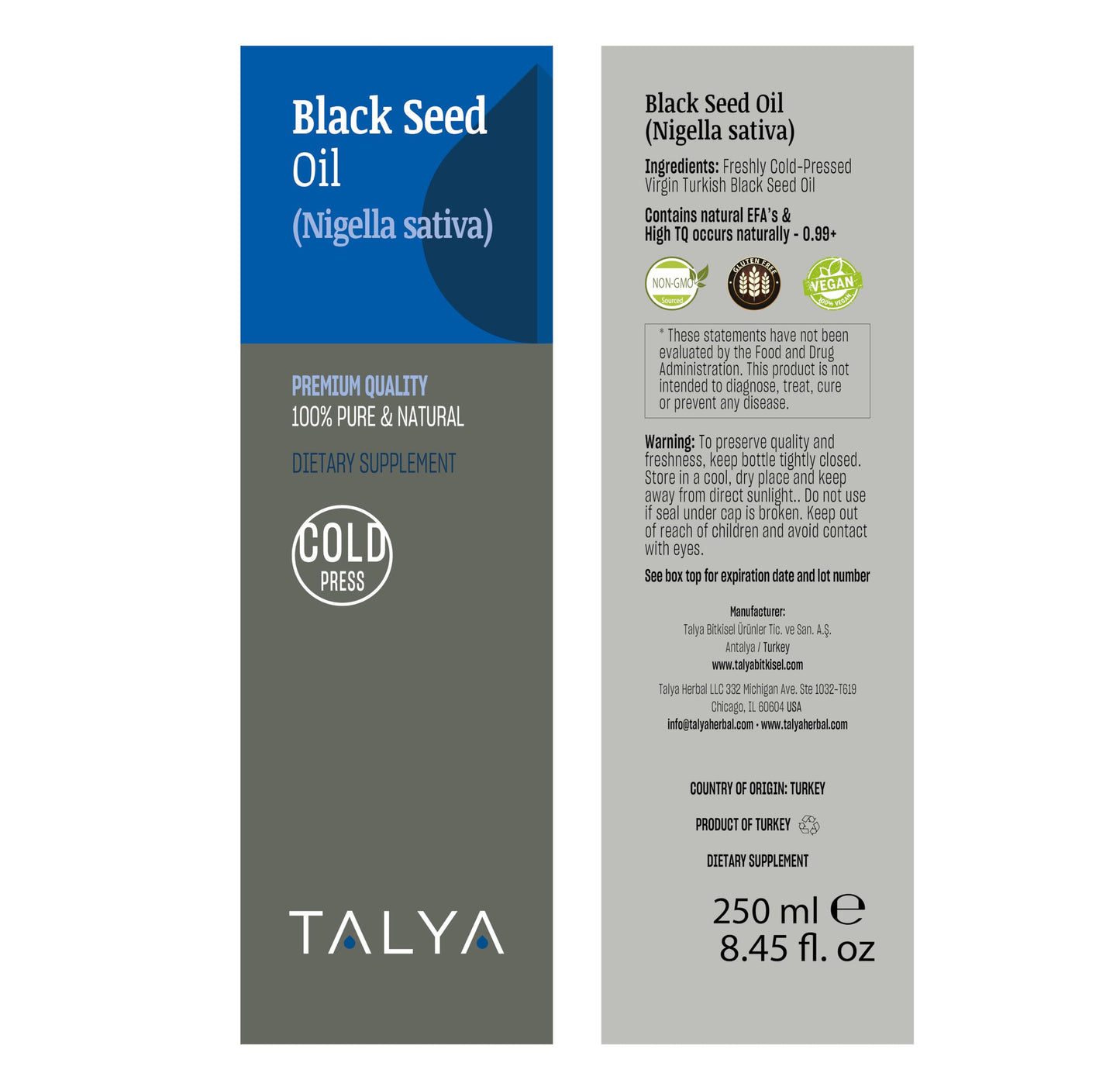 TALYA Black Seed Oil 8.45 fl oz (250 ml) – Cold Pressed Turkish Black Seed Oil – Immune Support