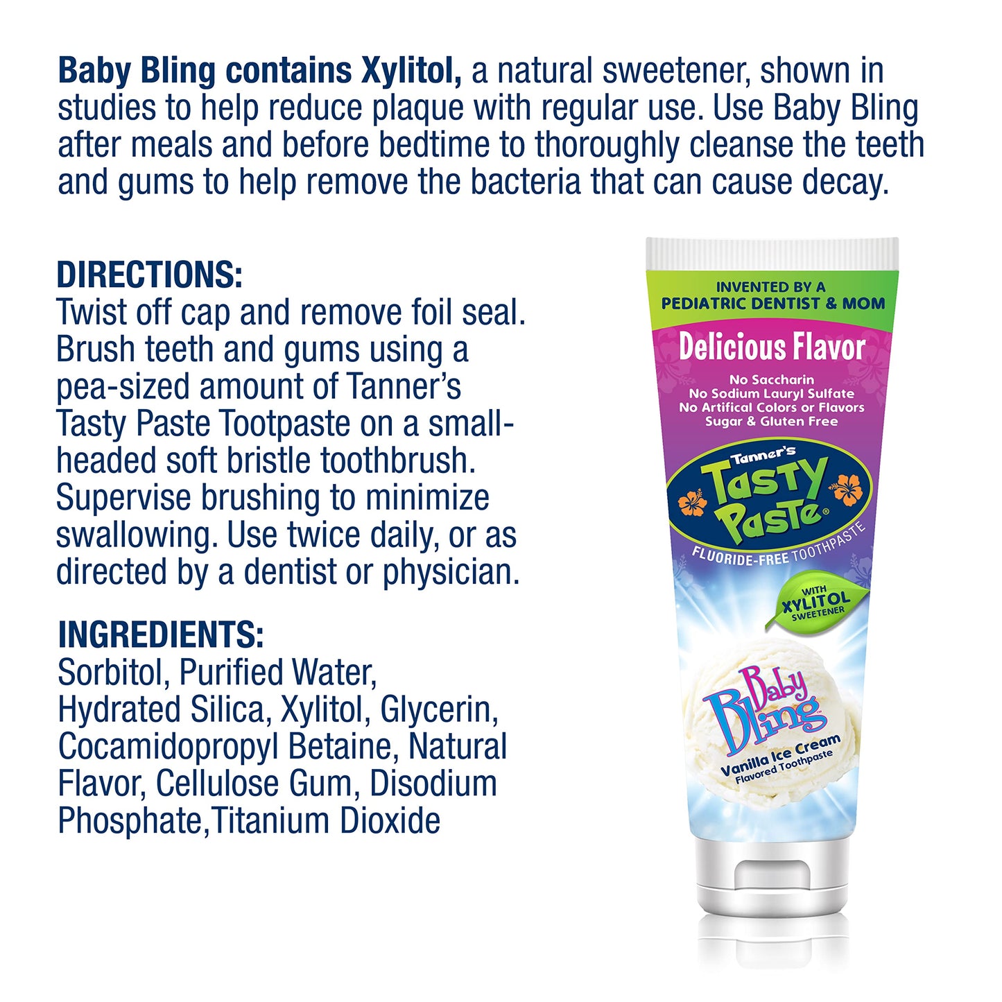 Tanner's Tasty Paste Baby Bling - Fluoride-Free Vanilla Toothpaste for Kids (4.2 oz)