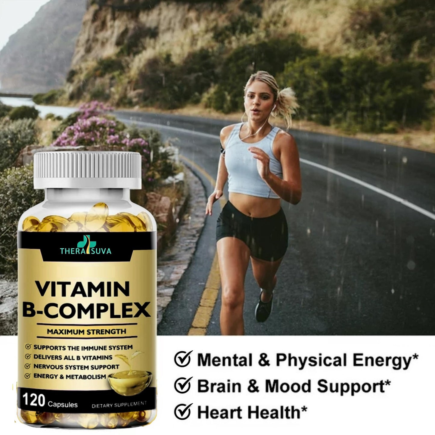 TheraSuva Vitamin B-Complex + CoQ10 + Vitamin C – Max Strength, 120 Softgels, 60 Day Supply
