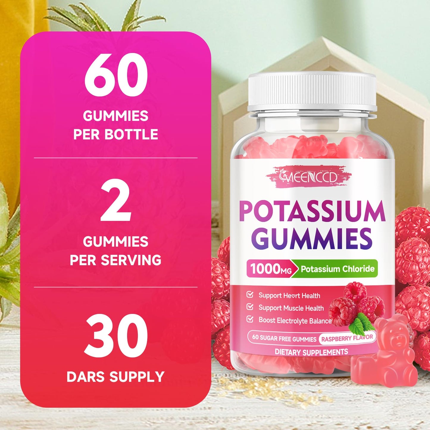 2 Pack Potassium Gummies 1000mg – Sugar-Free Raspberry (120 Count)