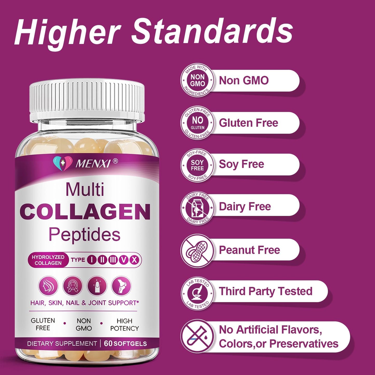 Multi Collagen Peptides Softgels - Types I II III V X with Biotin Vitamin C Hyaluronic Acid