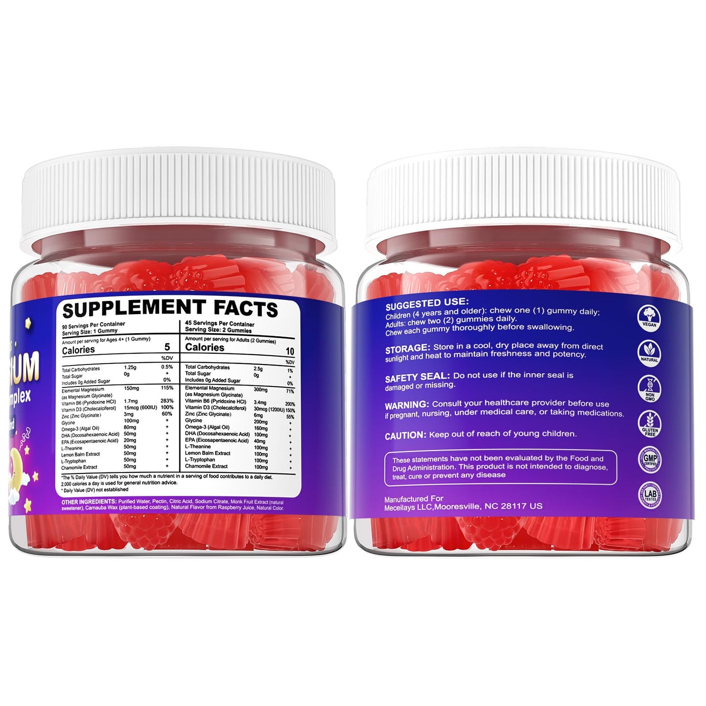 90-Count Magnesium Glycinate Gummies for Sleep & Calm – Raspberry, Sugar-Free, Vegan