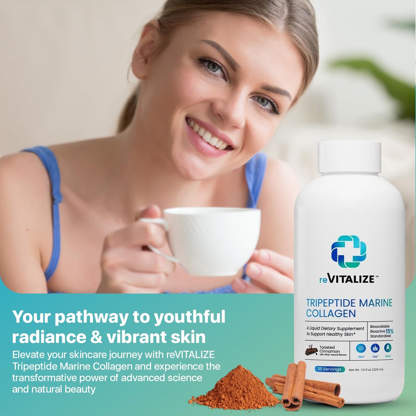 Liquid Collagen 1000mg Tripeptides 15% – Anti-Aging Formula for Skin, Hair & Joints | Cinnamon Flavor