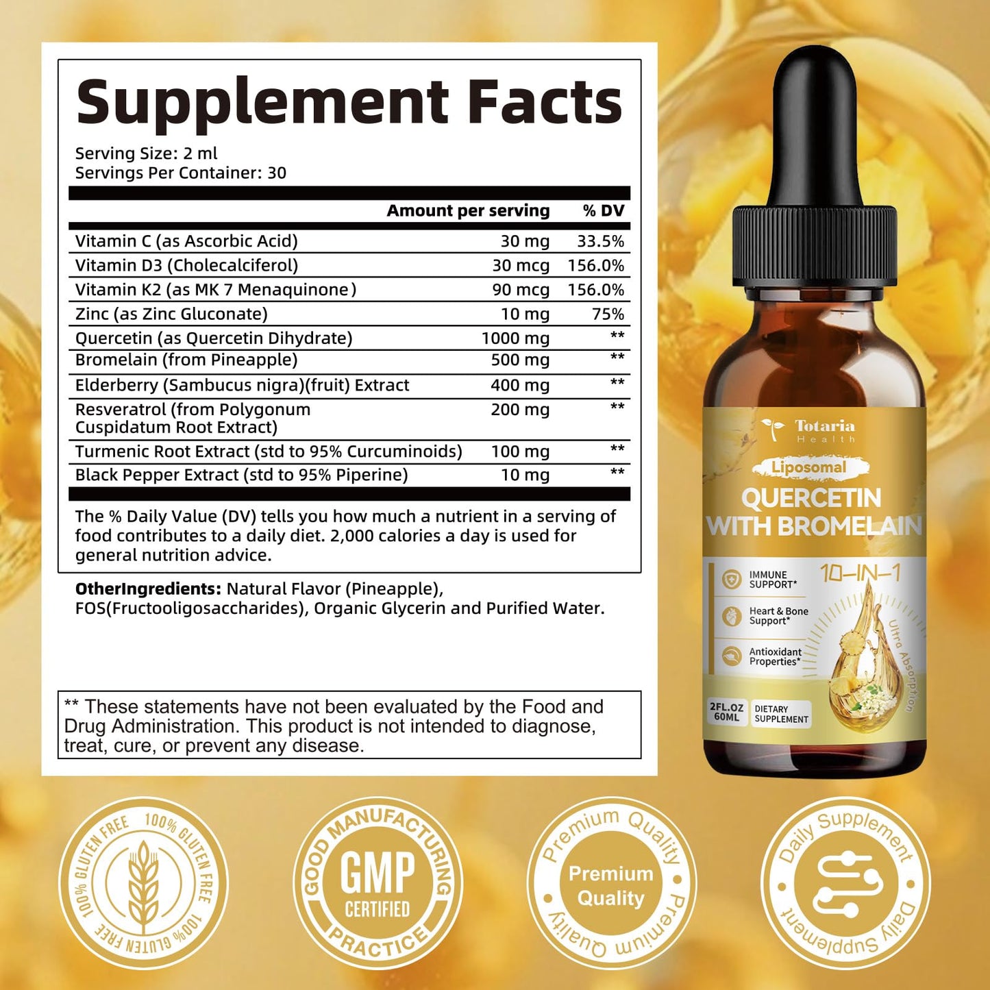 Totaria Liposomal Quercetin with Bromelain Liquid Drops - 1000mg Quercetin + 500mg Bromelain, Immune Support (2 fl oz)