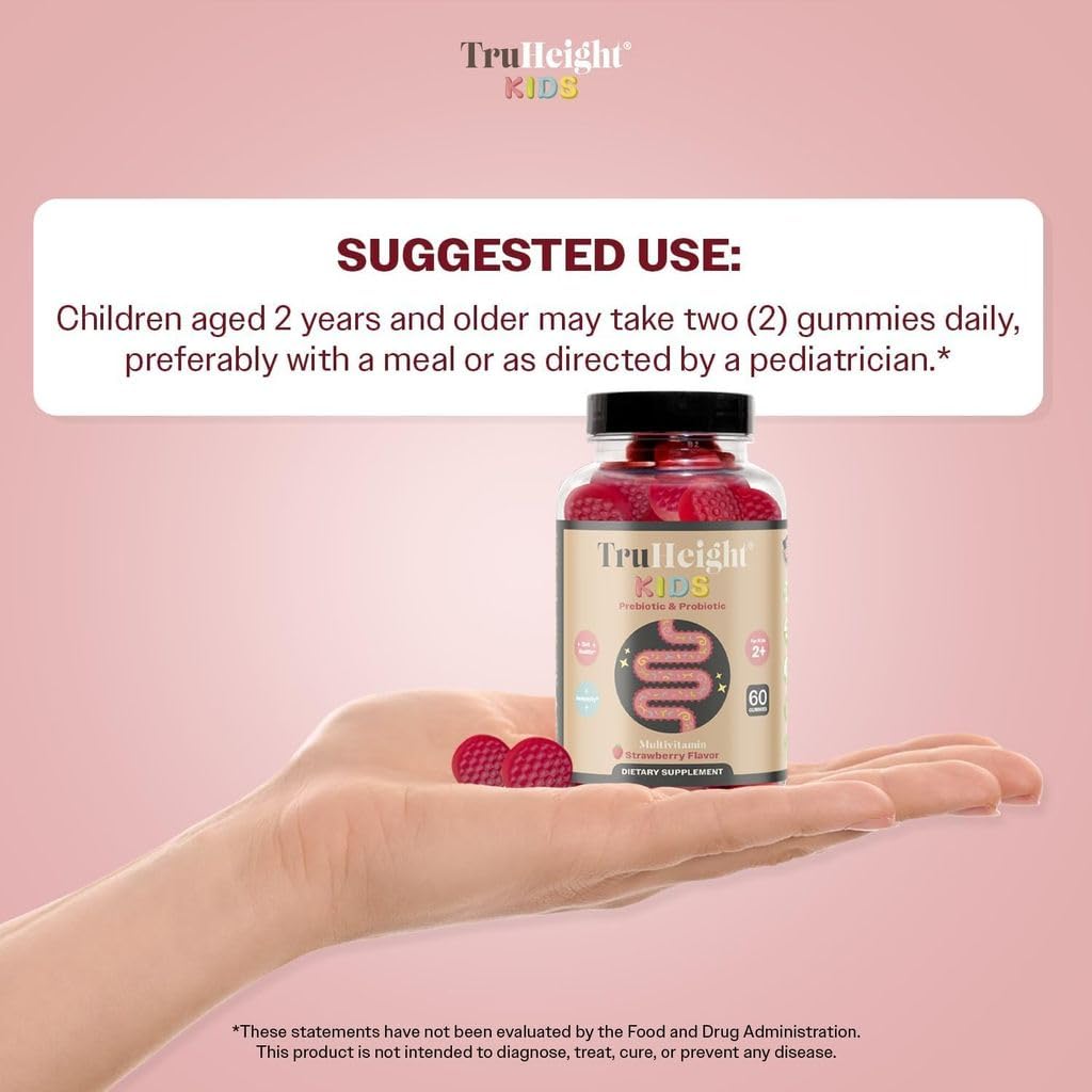 TruHeight Kids Prebiotic & Probiotic Gummies – Strawberry Flavor | 2+ Years Gut Health & Digestive Support