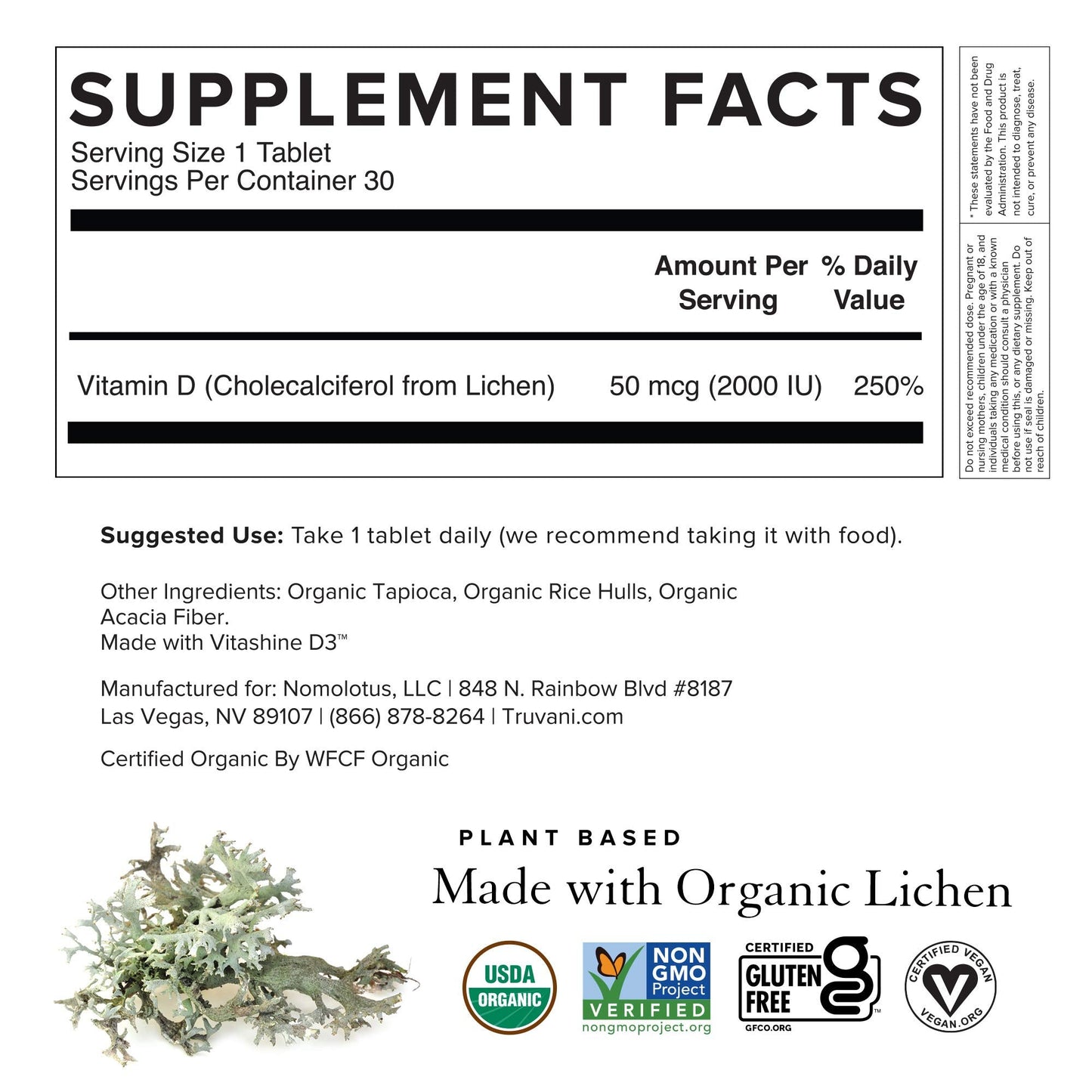 Truvani Organic Vitamin D3 - Plant-Based, USDA Organic, Gluten-Free (30 Tablets)