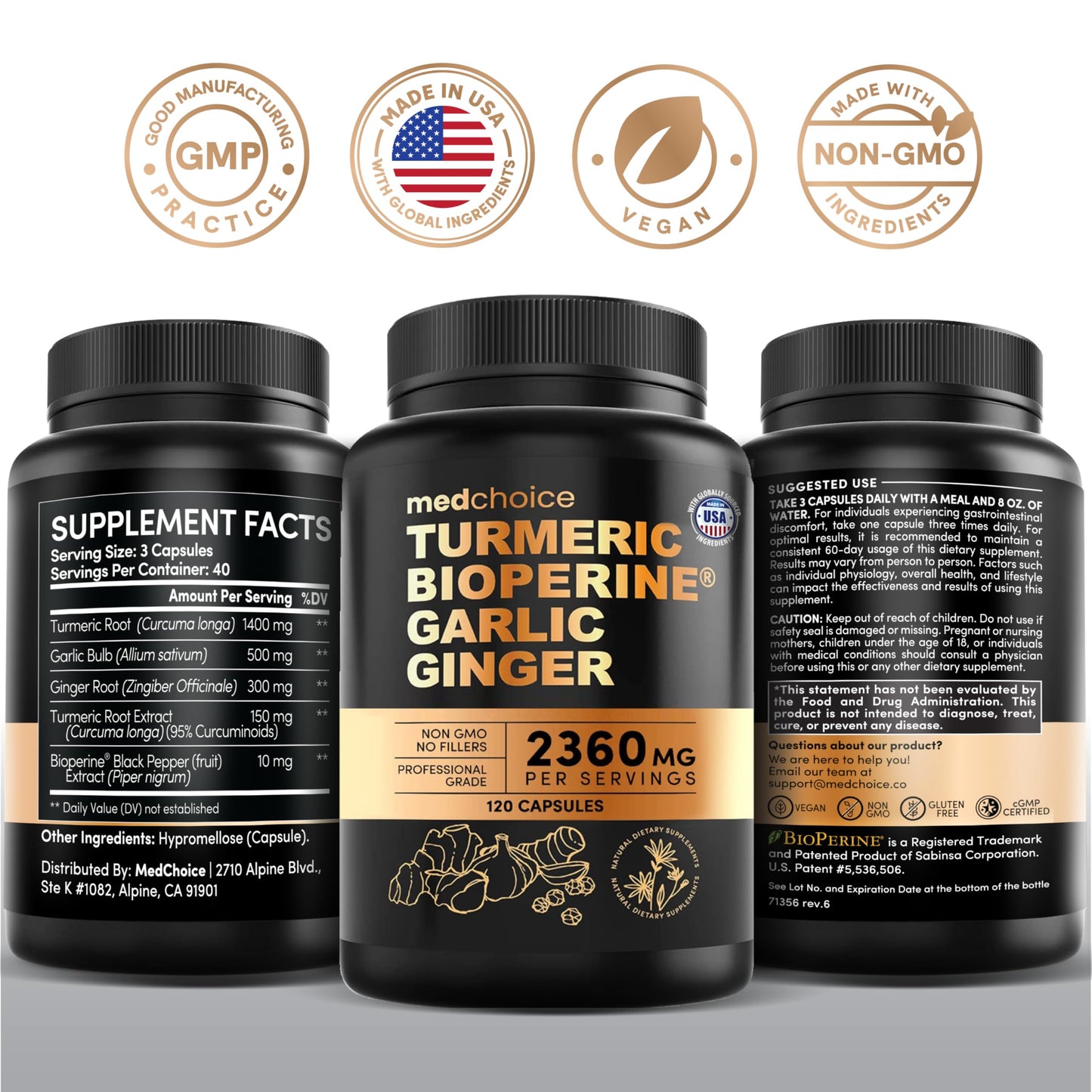 4-in-1 Turmeric & Garlic Supplements with BioPerine – 2360mg Turmeric Capsules (120 ct)