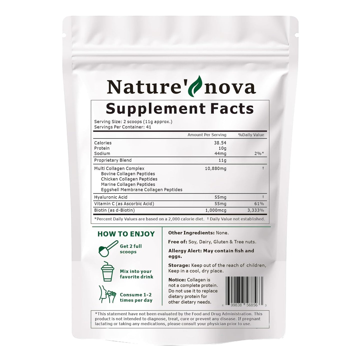 Nature's Nova Multi Collagen Peptides Powder - Types I, II, III, V, X + Biotin & Hyaluronic Acid