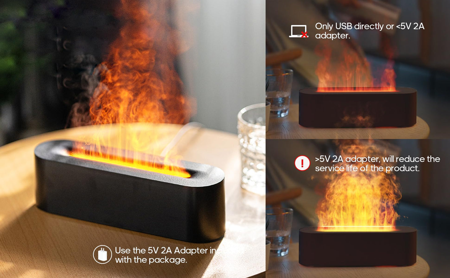 Essential Oil Diffuser Flame Black – Colorful Water Vapor Humidifier for Aromatherapy