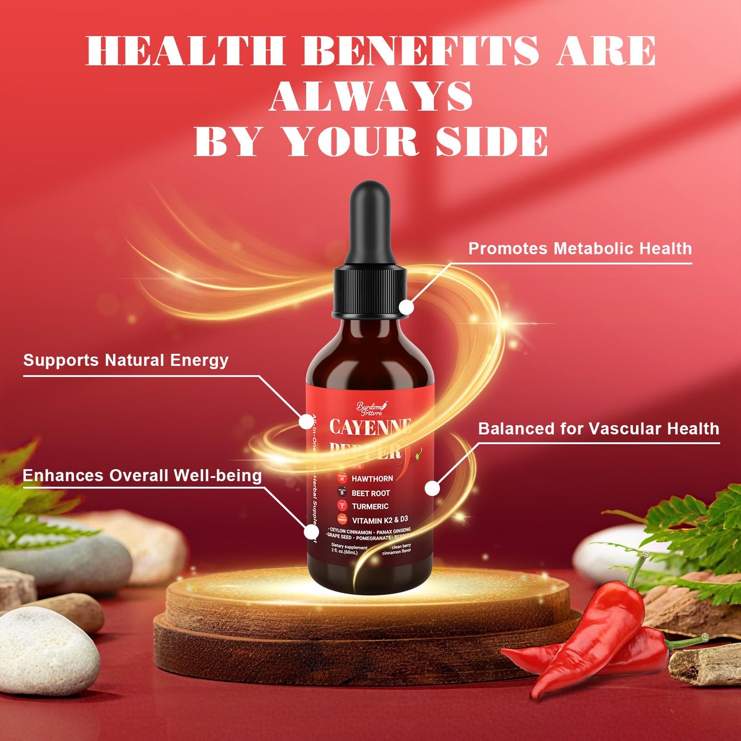 Premium Cayenne Pepper Drops Supplement with Hawthorn, Beet Root, Turmeric, Vitamin K2 & D3, Ginseng, Ceylon Cinnamon – Capsaicin Supplements for Wellness Support - 4 OZ