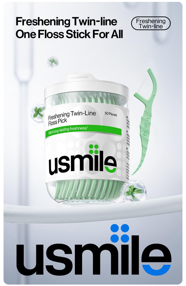 usmile Twin-Line Floss Picks – 50 Count, Mint Fresh, Gentle on Gums