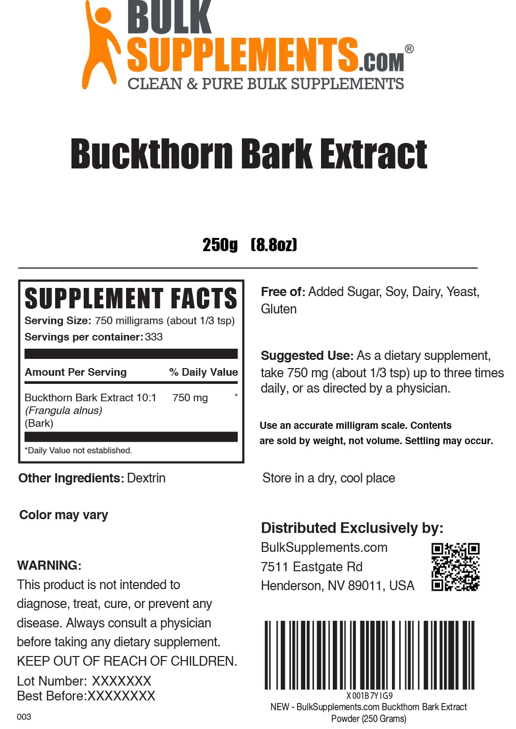 BulkSupplements Buckthorn Bark Extract Powder - 750mg per Serving, 250g | Vegan & Gluten Free