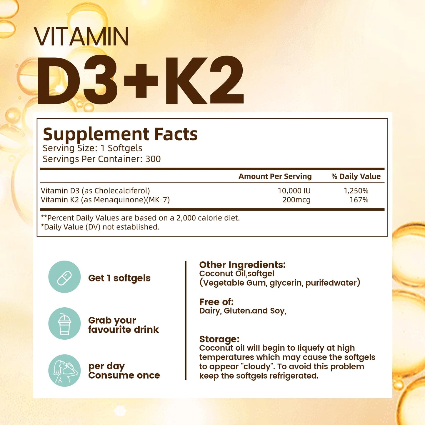Vitamin D3 + K2 10000 IU with MK-7 (300 mcg) Coconut Oil Softgels