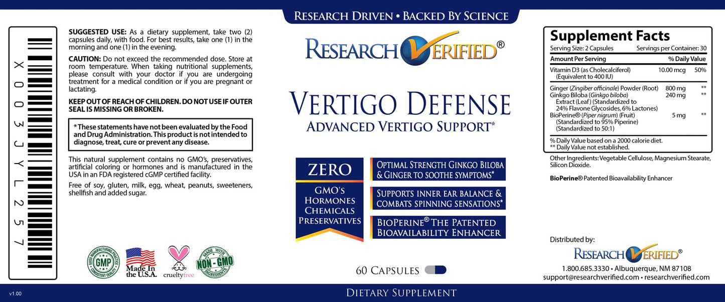 Research Verified Vertigo Defense - Vitamin D3, Ginger & Ginkgo Biloba | 60 Capsules