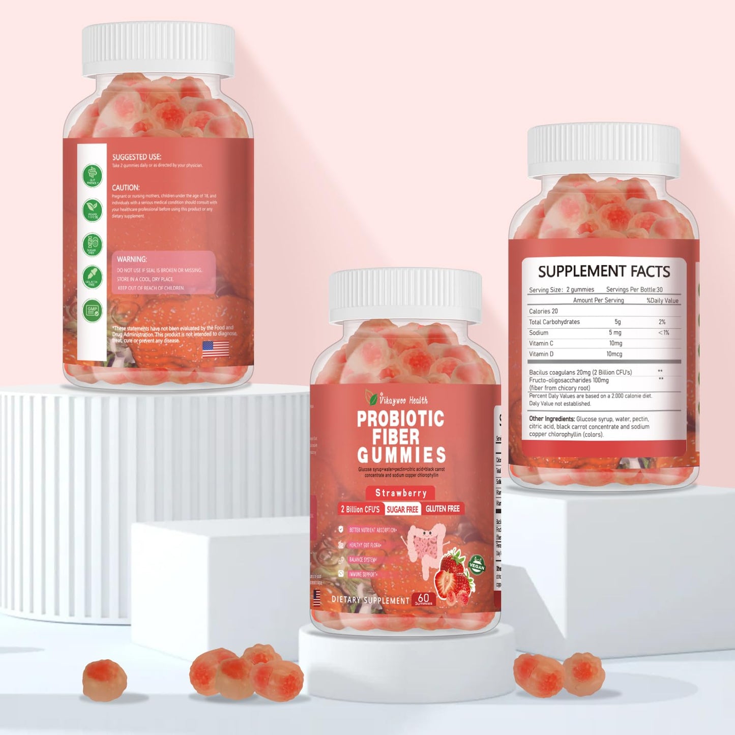 Vikaywoo Probiotic Fiber Gummies for Adults – No Sugar Added, Strawberry, 2 Billion CFUs (60 Count)