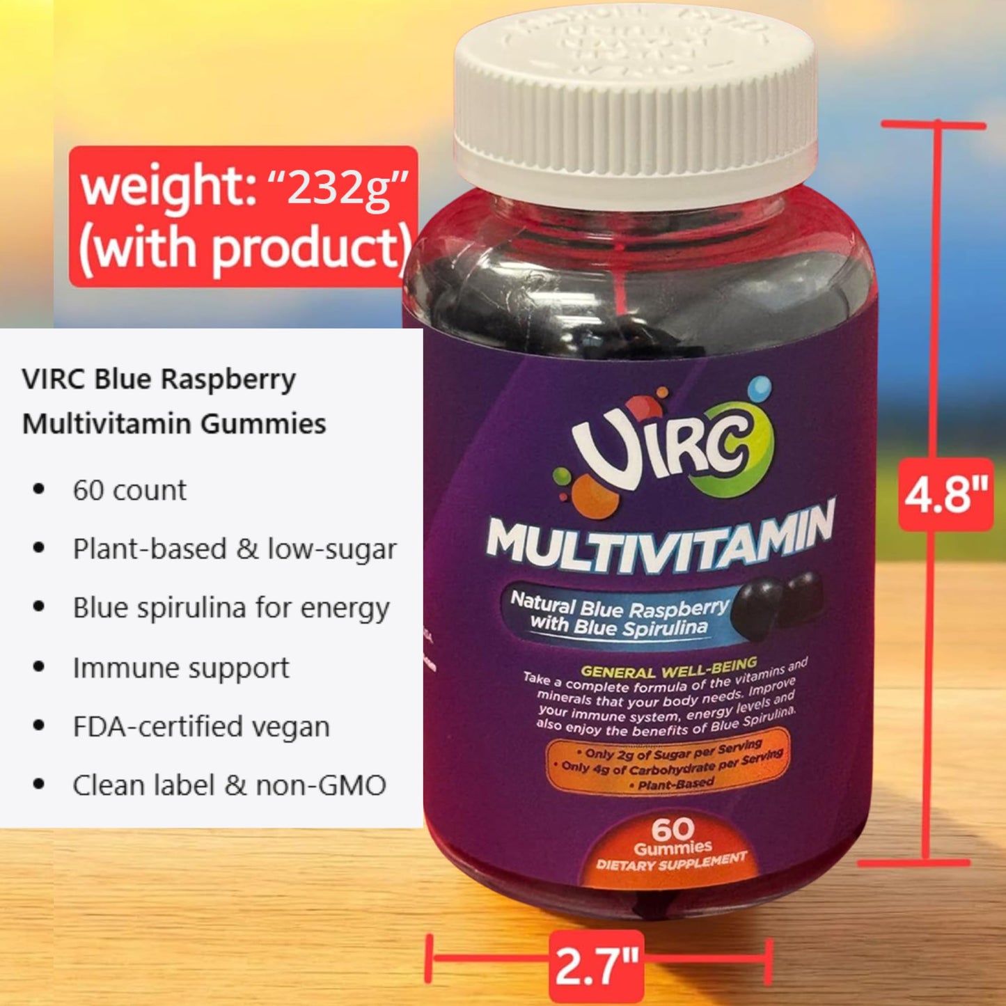 VIRC Blue Raspberry Multivitamin Gummies – Plant-Based, Low-Sugar Vegan Dietary Supplement (60 Gummies)