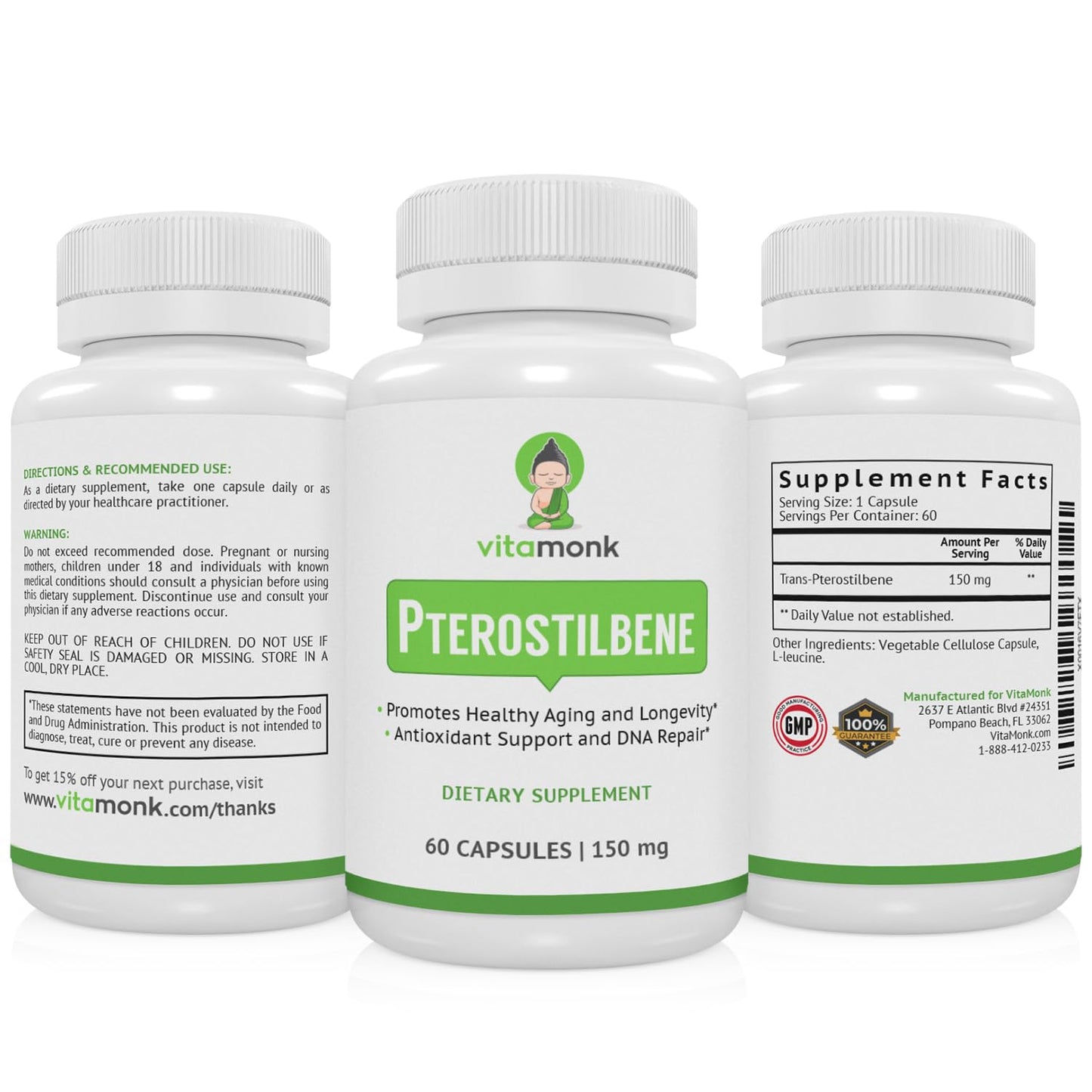 VitaMonk Pterostilbene 150mg Capsules – Soy Free, No Fillers | 60 Veggie-Caps