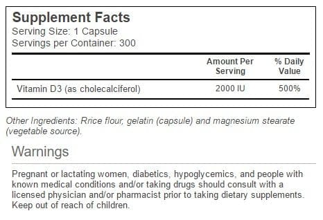 Vitacost Vitamin D3 (Cholecalciferol) 2000 IU – 300 Capsules