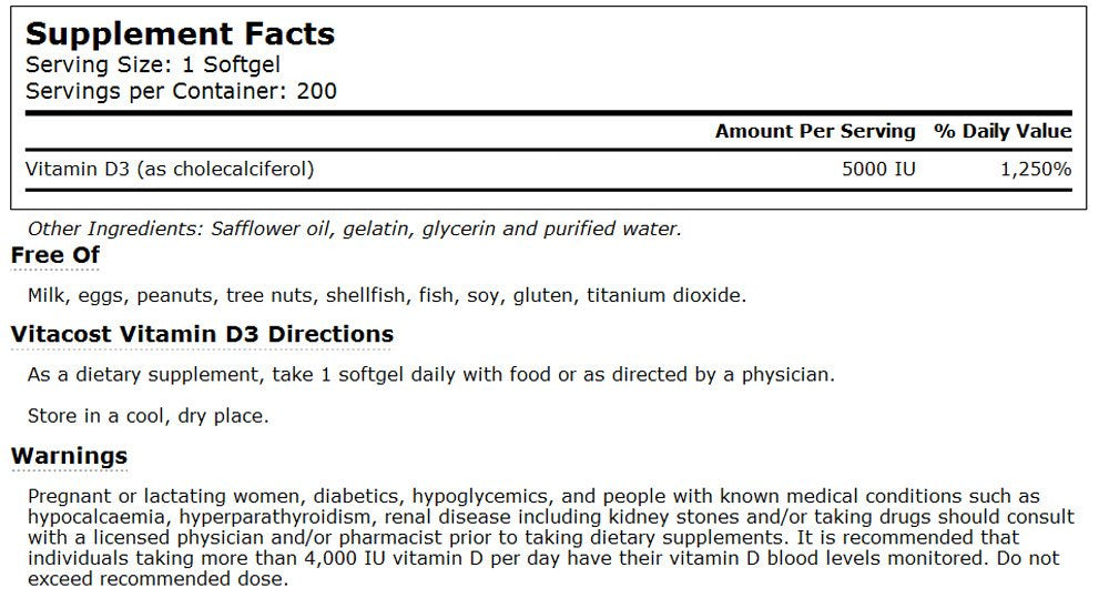 Vitacost Vitamin D3 5000 IU - 200 Softgels | Vitamin D3 Supplement