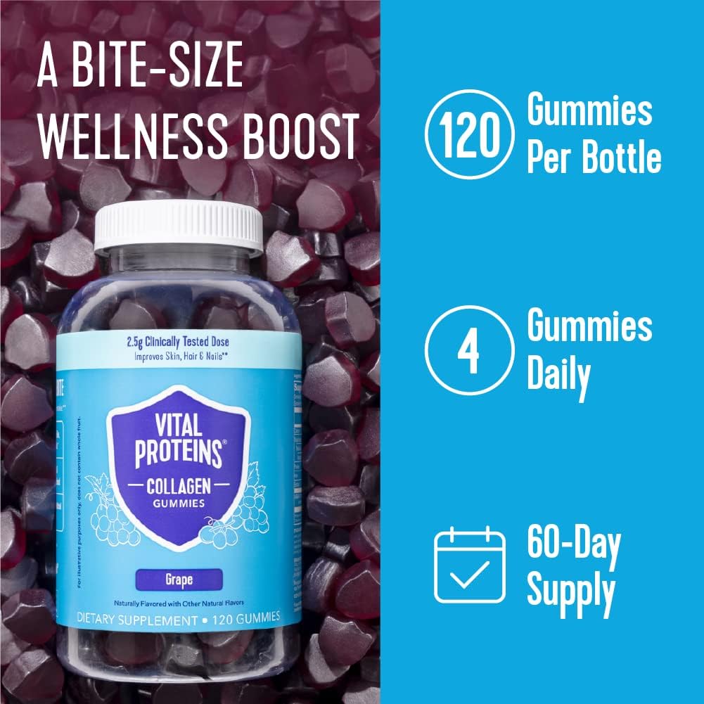 Vital Proteins Collagen Gummies – 2.5g VERISOL, Hair, Skin & Nails, Grape, 120 ct
